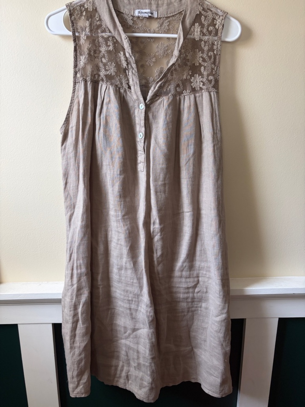Sleeveless Lace-Yoke Midi Dress in Taupe